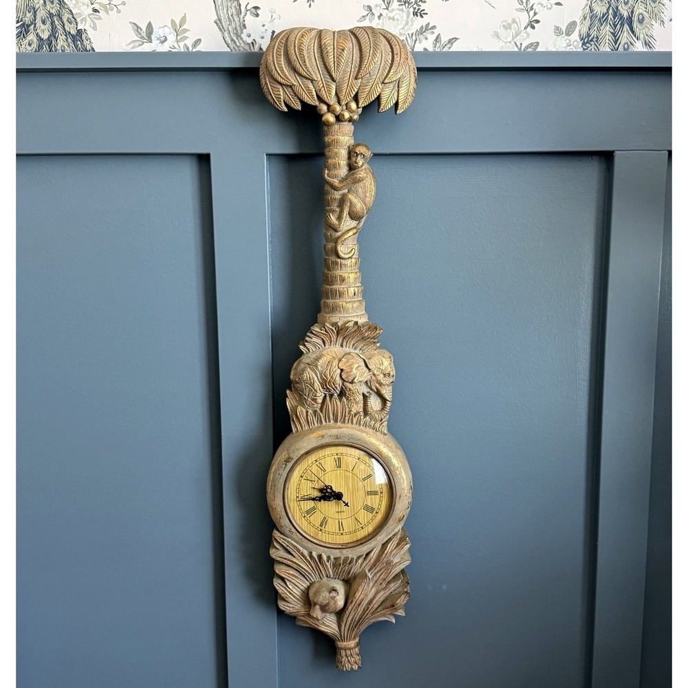 African Safari Sculptured Gold Tone Wall Palm Tree Clock Quartz Hollywood Regenc